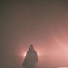 Mysterious silhouette in hooded cloak amid foggy setting