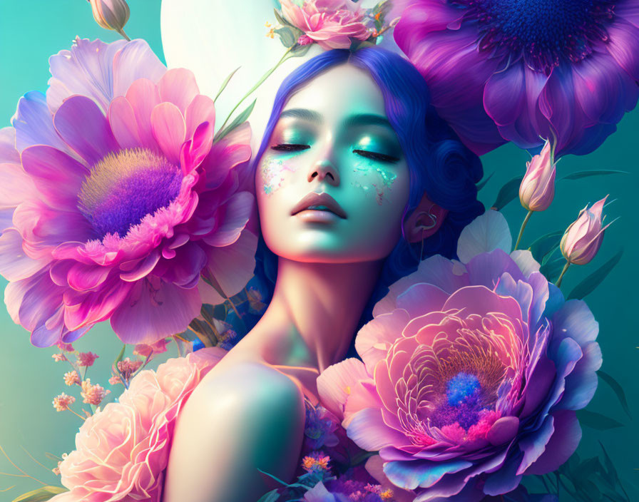 Colorful digital artwork: Woman with blue hair and floral patterns on skin amidst vibrant blossoms on teal