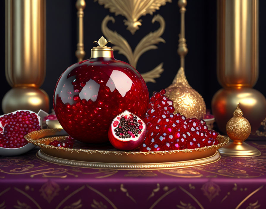 Luxurious still life with red pomegranate, golden plate, purple and gold decor