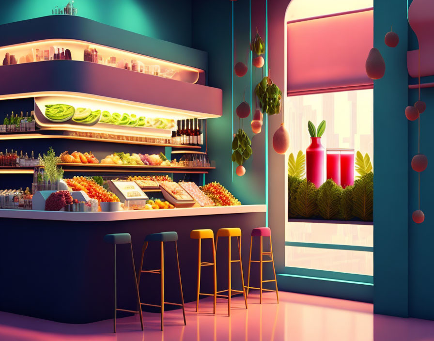 Colorful Deli Interior with Fresh Produce, Assorted Foods, and Greenery