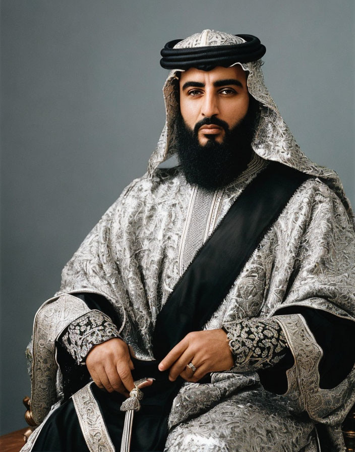 Traditional Arabic Attire Man with Sword and Headpiece Sitting Against Grey Backdrop