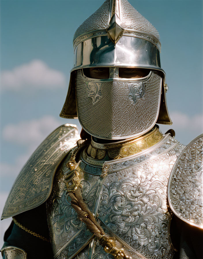 Detailed Medieval Armor with Visored Helmet Under Clear Sky