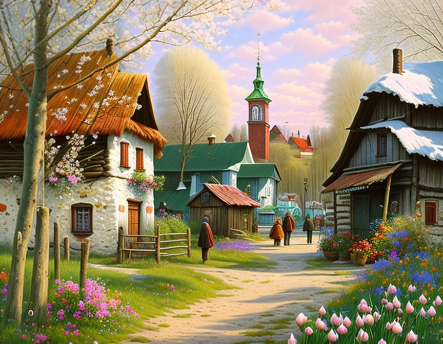 Colorful village scene with blossoming trees and church with green spire