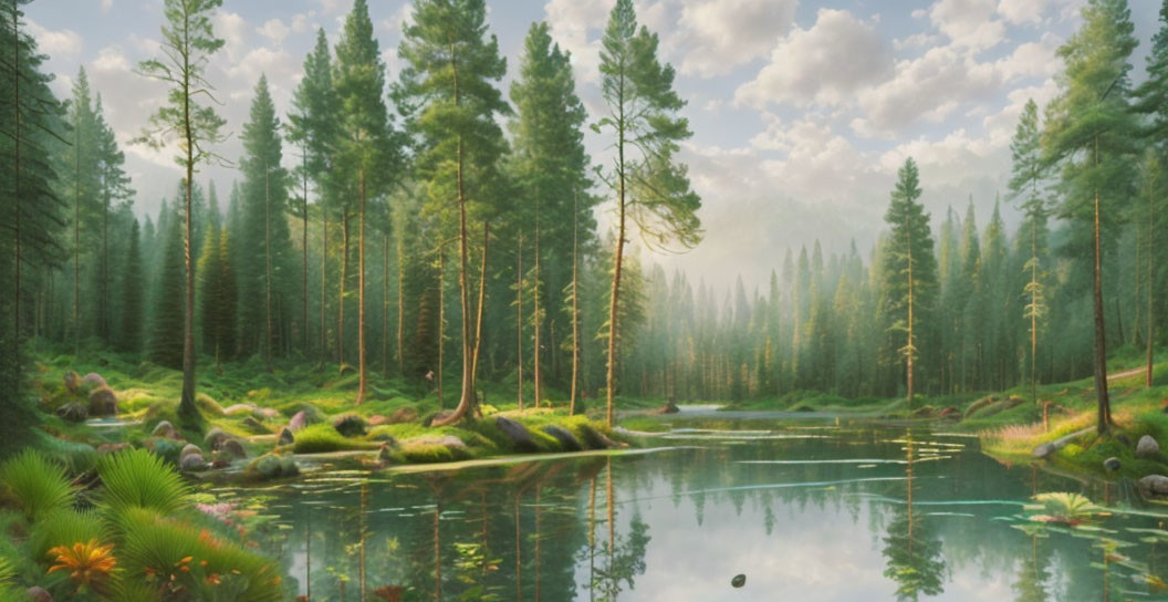 Tranquil forest scene: tall trees, reflective lake, sun rays in misty air