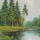 Tranquil forest scene: tall trees, reflective lake, sun rays in misty air