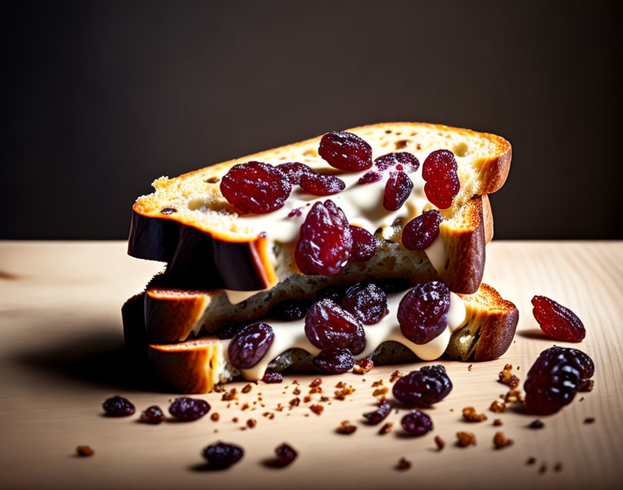 Melting cheese and raisins on grilled cheese sandwich on wooden table