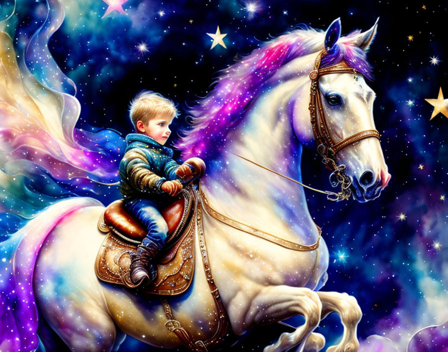 Young boy on white horse under cosmic sky.