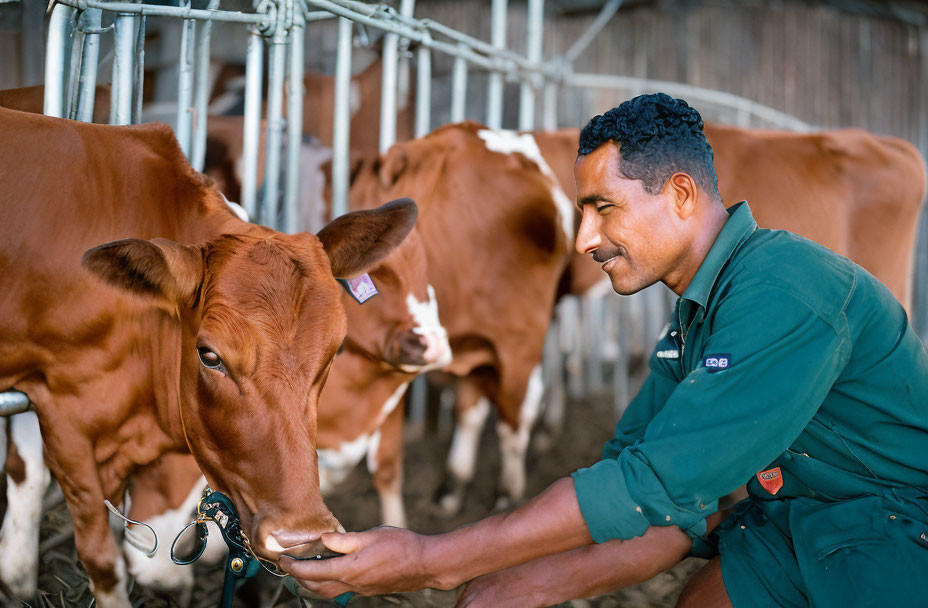 Man in Green Uniform Feeding Brown Cows on Farm