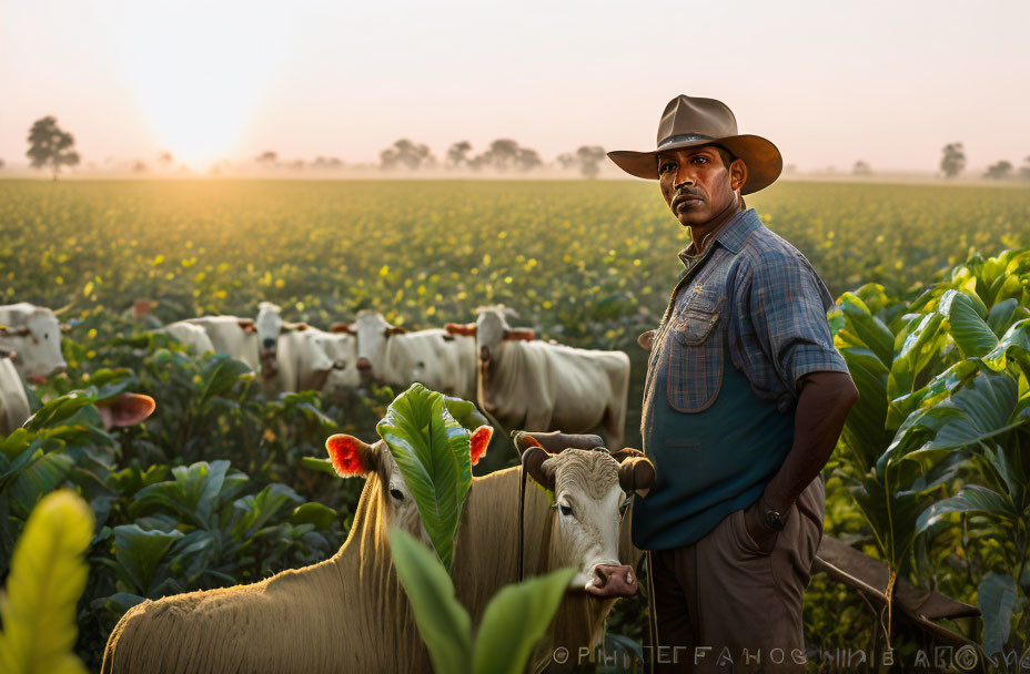 Farmer in hat with cattle at sunrise in field