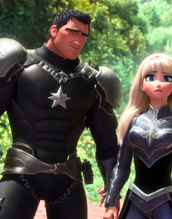 Male and female animated characters in black and silver armor against green foliage.