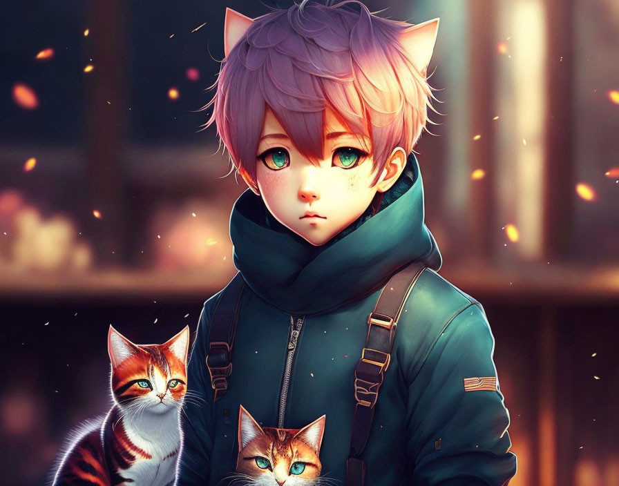 Anime character with cat ears, green eyes, pink hair, and orange tabby cats in warm ambiance