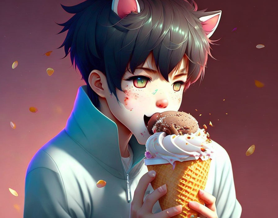 Young person with cat ears holding ice cream cone in warm-toned backdrop