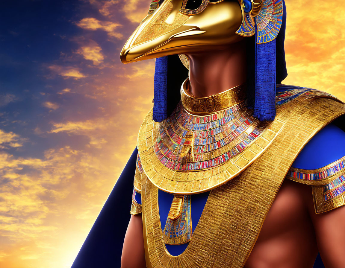 Digital artwork: Individual in ancient Egyptian attire with golden Anubis head mask against dramatic sky