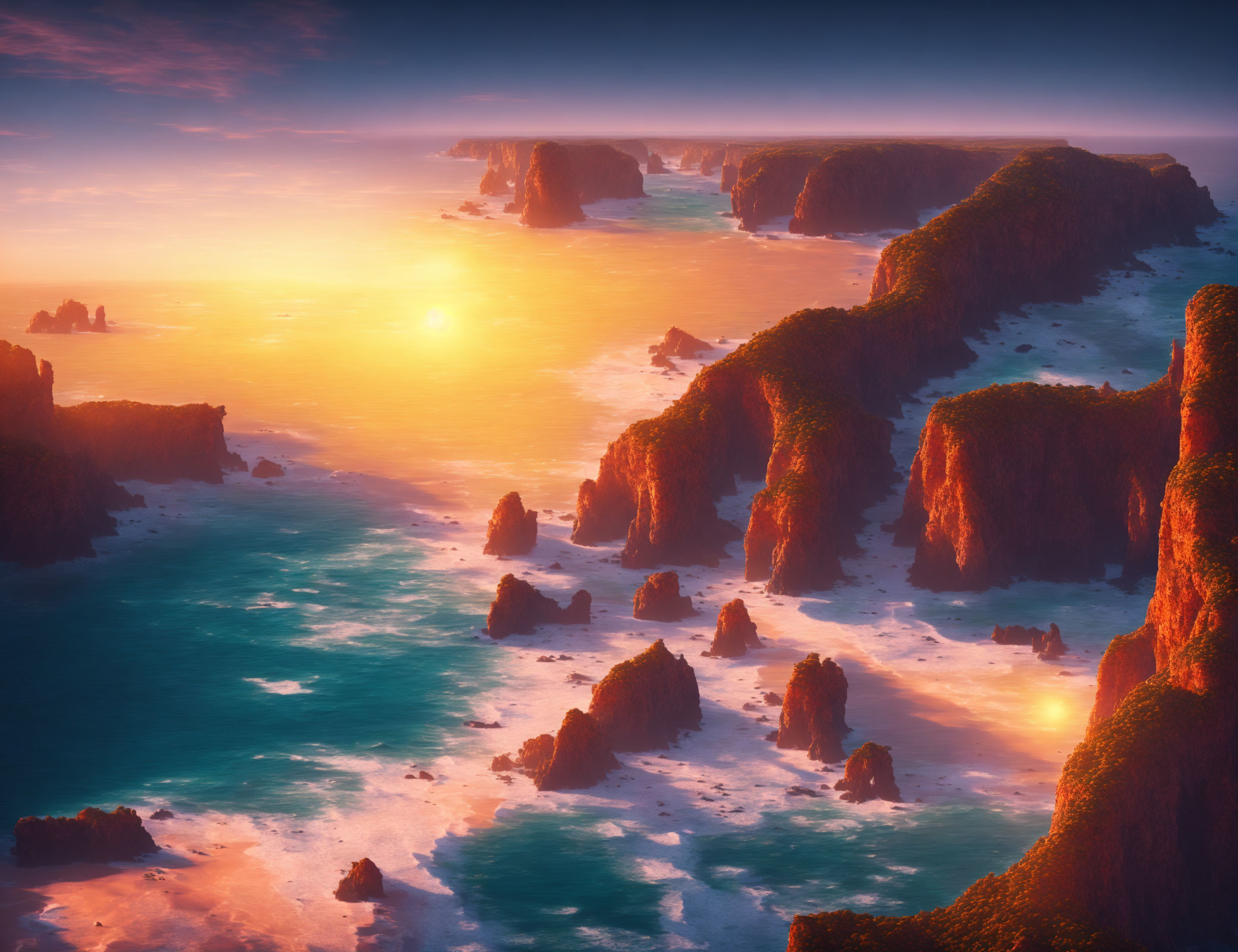 Majestic coastal sunset with towering cliffs and vibrant sky