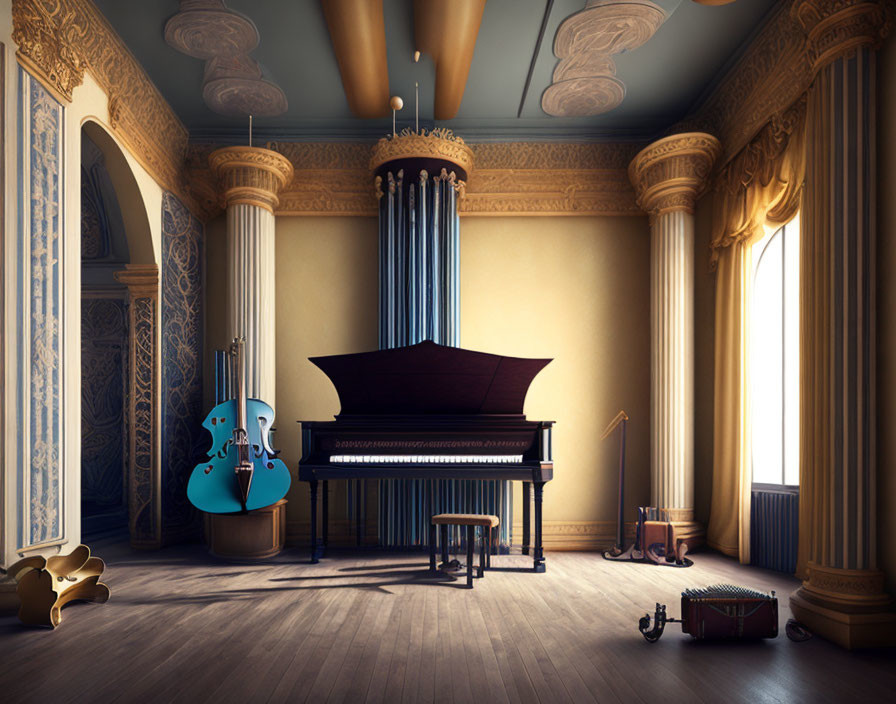 Elegant music room with grand piano, blue bass, harp, and violin in classical setting