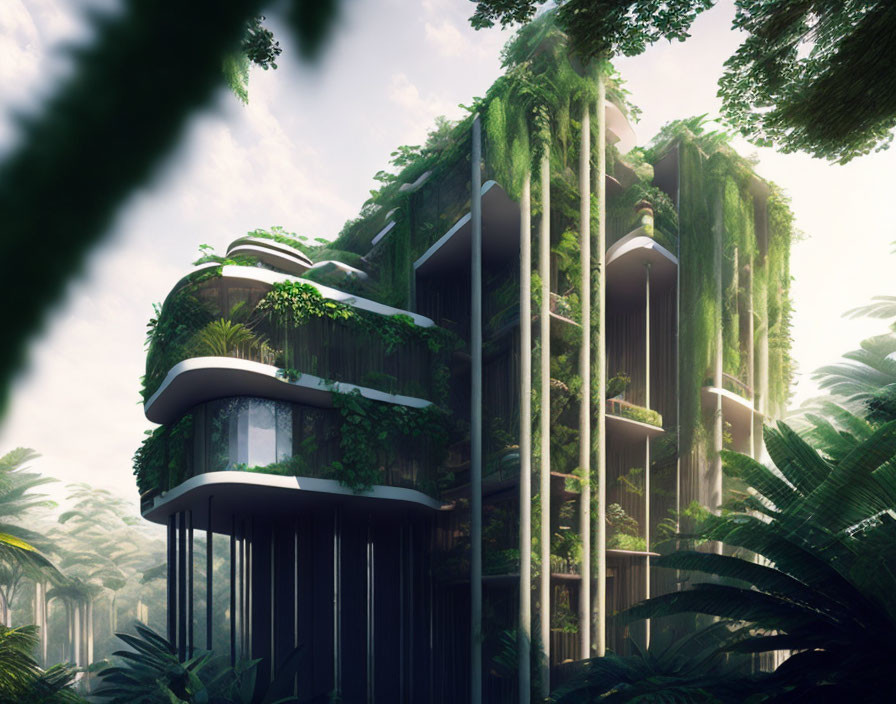 Modern building surrounded by lush greenery and misty forest scene.