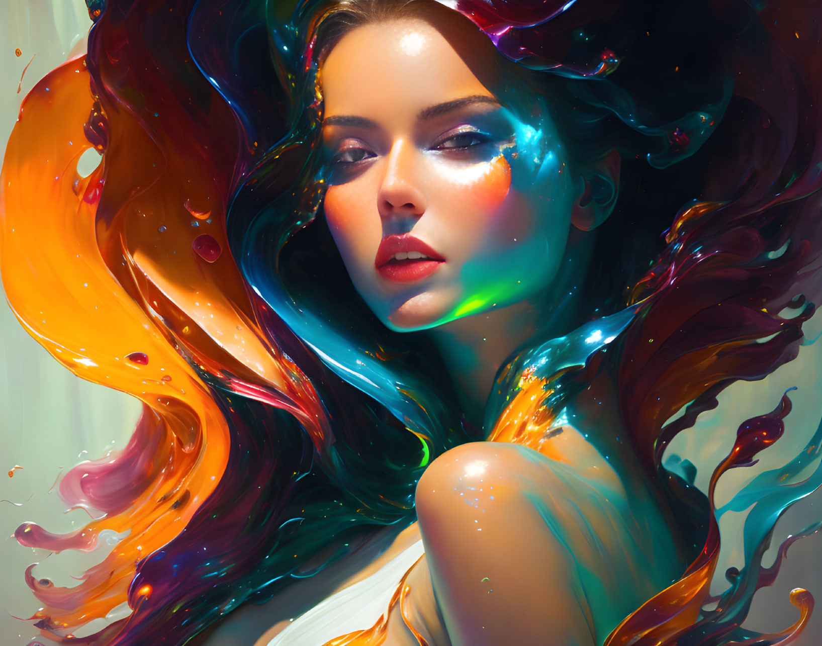 Colorful digital art: Woman with flowing paint-like hair