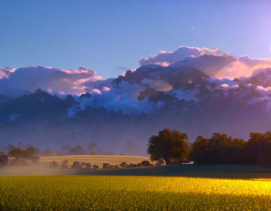 Golden sunrise over rural landscape with round hay bales, trees, and fog under vibrant sky