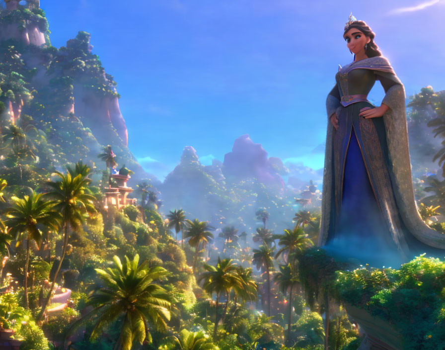 Animated princess in blue dress in lush fantasy landscape with mountains and exotic trees