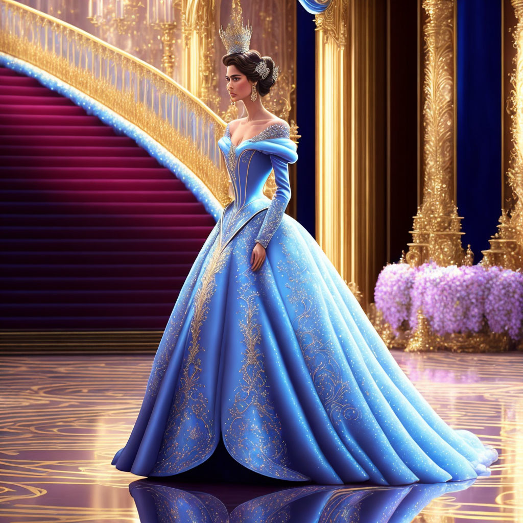 Elaborate Blue Gown Woman in Opulent Hall