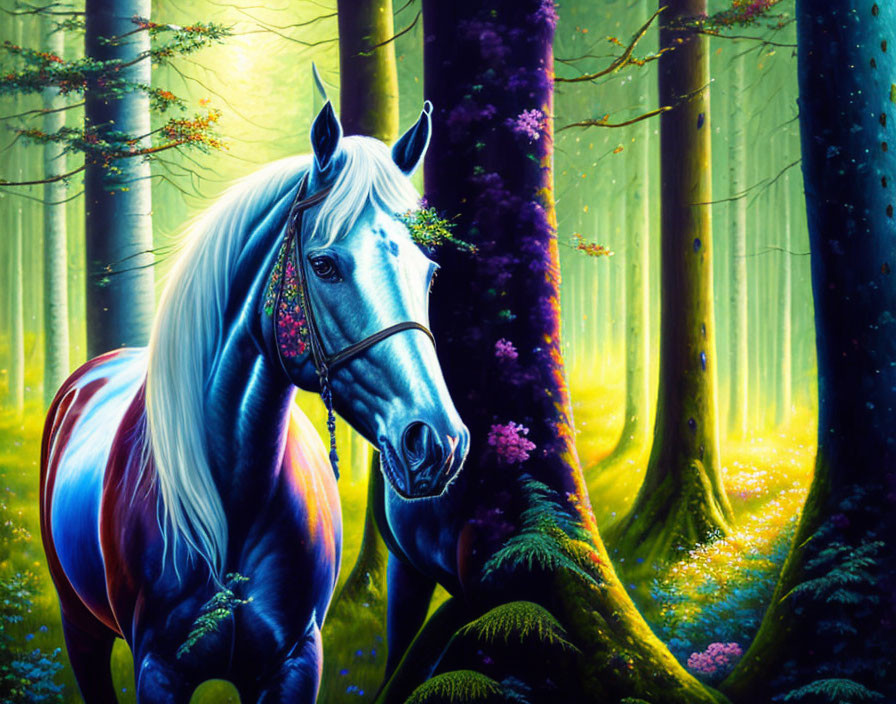 Vibrant digital painting: White horse in enchanted forest