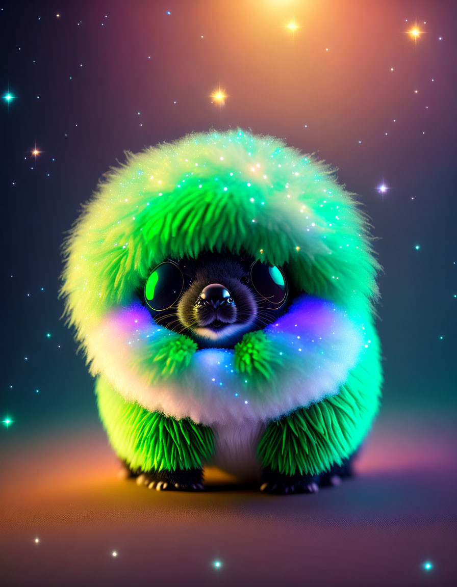 Fluffy colorful creature with large eyes on gradient starry backdrop