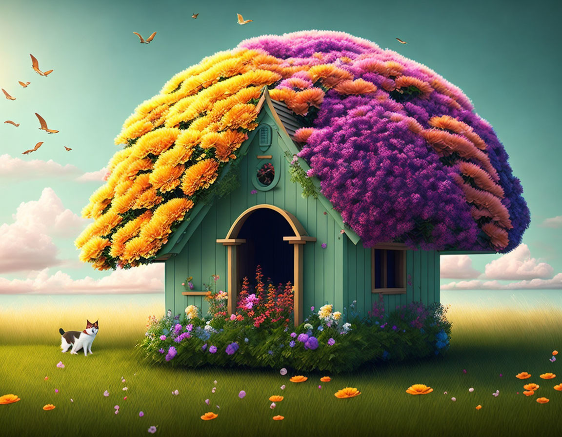 Colorful Flower Roof Cottage in Lush Meadow with Cat and Birds