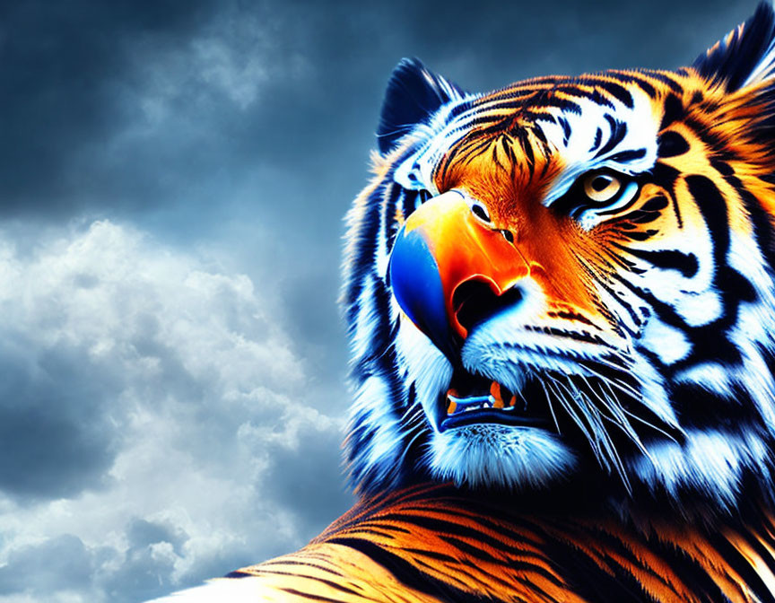 Majestic tiger with blue eyes in stormy sky