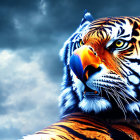 Majestic tiger with blue eyes in stormy sky