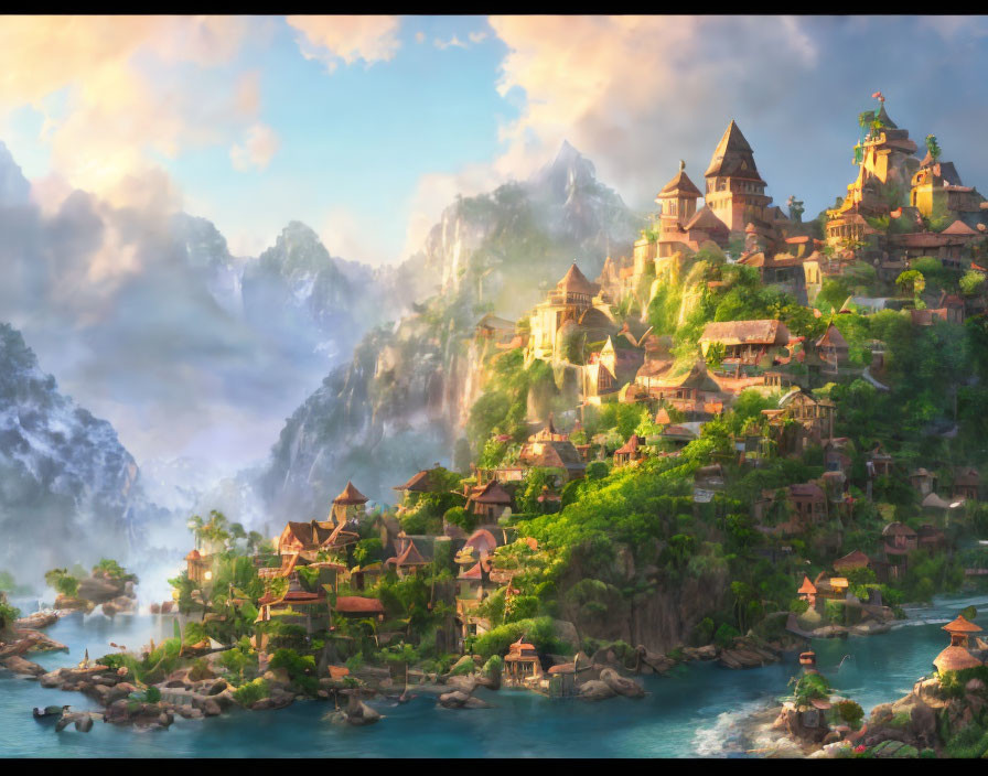 Fantasy village nestled in lush hills and serene water