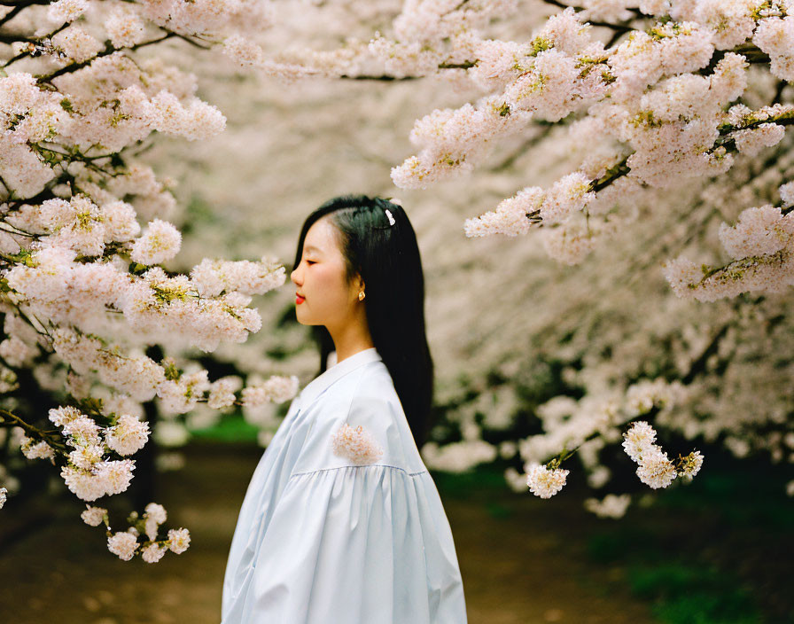 Woman in white outfit surrounded by blooming cherry blossoms, eyes closed in peaceful moment