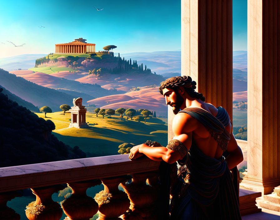 Ancient Greek man on temple balcony overlooking lush landscape