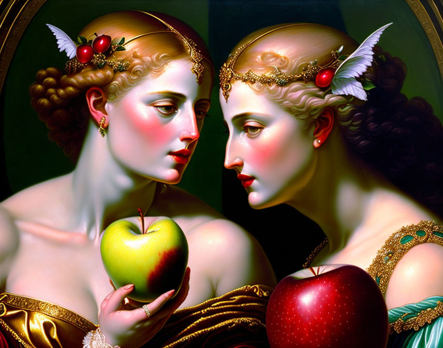 Two women with elaborate hairstyles and red berries, one holding a green apple, in classic style with vibrant