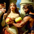 Classical painting of three mythological figures with vibrant attire and symbolic objects.