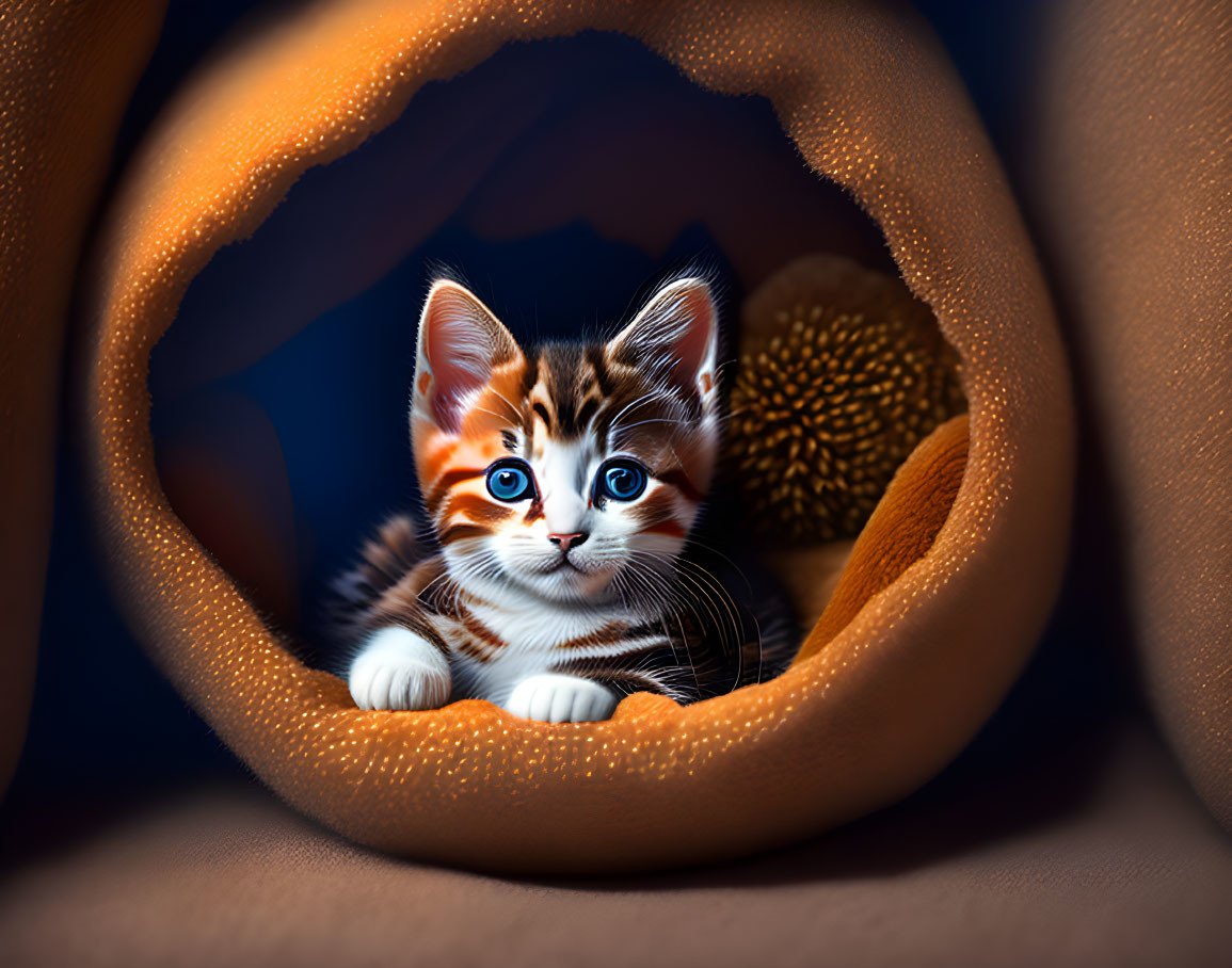 Adorable kitten with blue eyes in cozy orange blanket