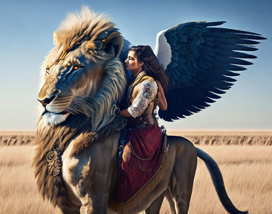 Warrior woman with black wings riding lion on savannah landscape