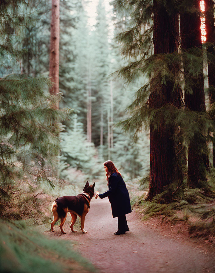 Person walking large dog in peaceful forest with tall trees