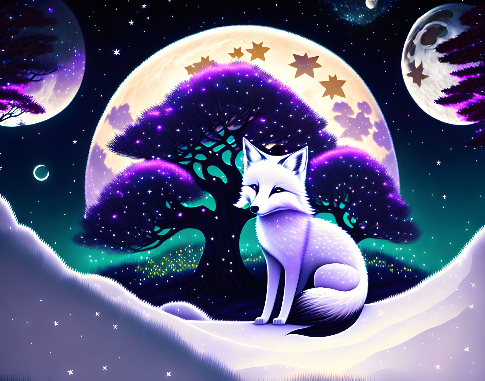 White Fox Under Vibrant Tree in Night Sky with Moons & Stars