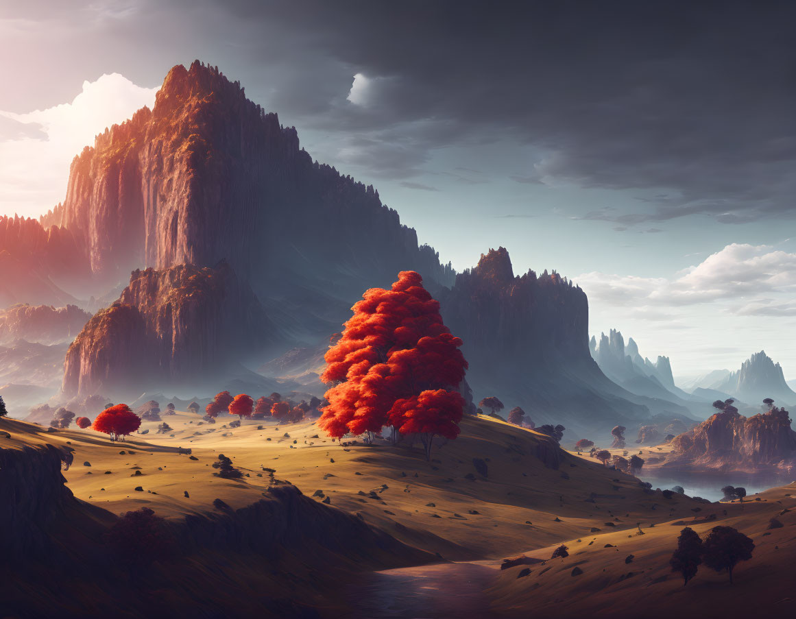 Fantastical landscape with jagged mountains, red tree, and grassy hills