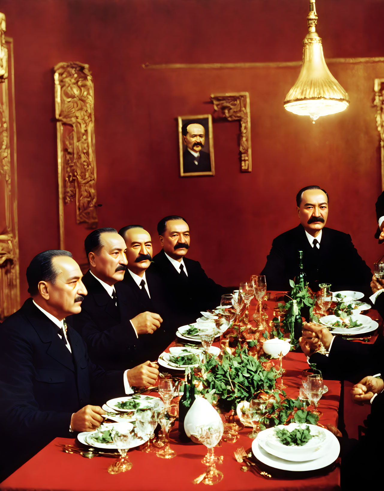 Men in Formal Attire Dining at Table with Portrait