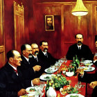 Men in Formal Attire Dining at Table with Portrait