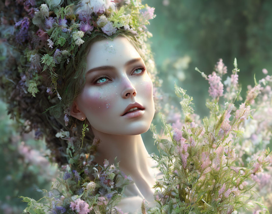 Woman portrait with floral adornments and green eyes in serene setting