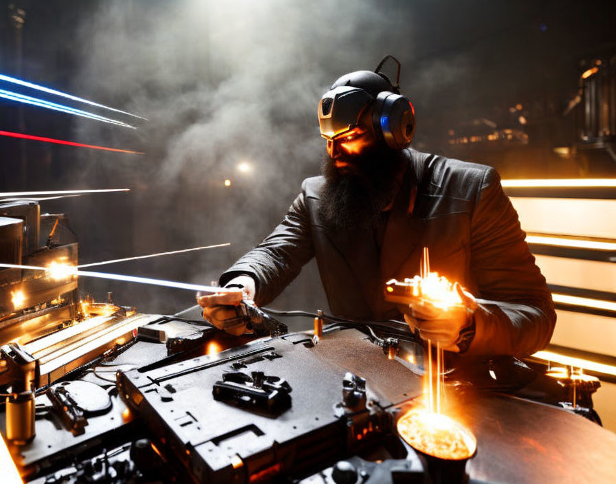 Bearded man in VR goggles surrounded by laser lights and smoke