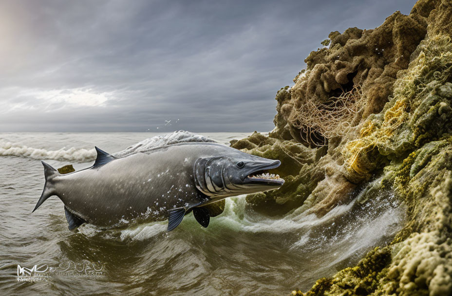 Grey Shark with Open Mouth in Choppy Sea Waters