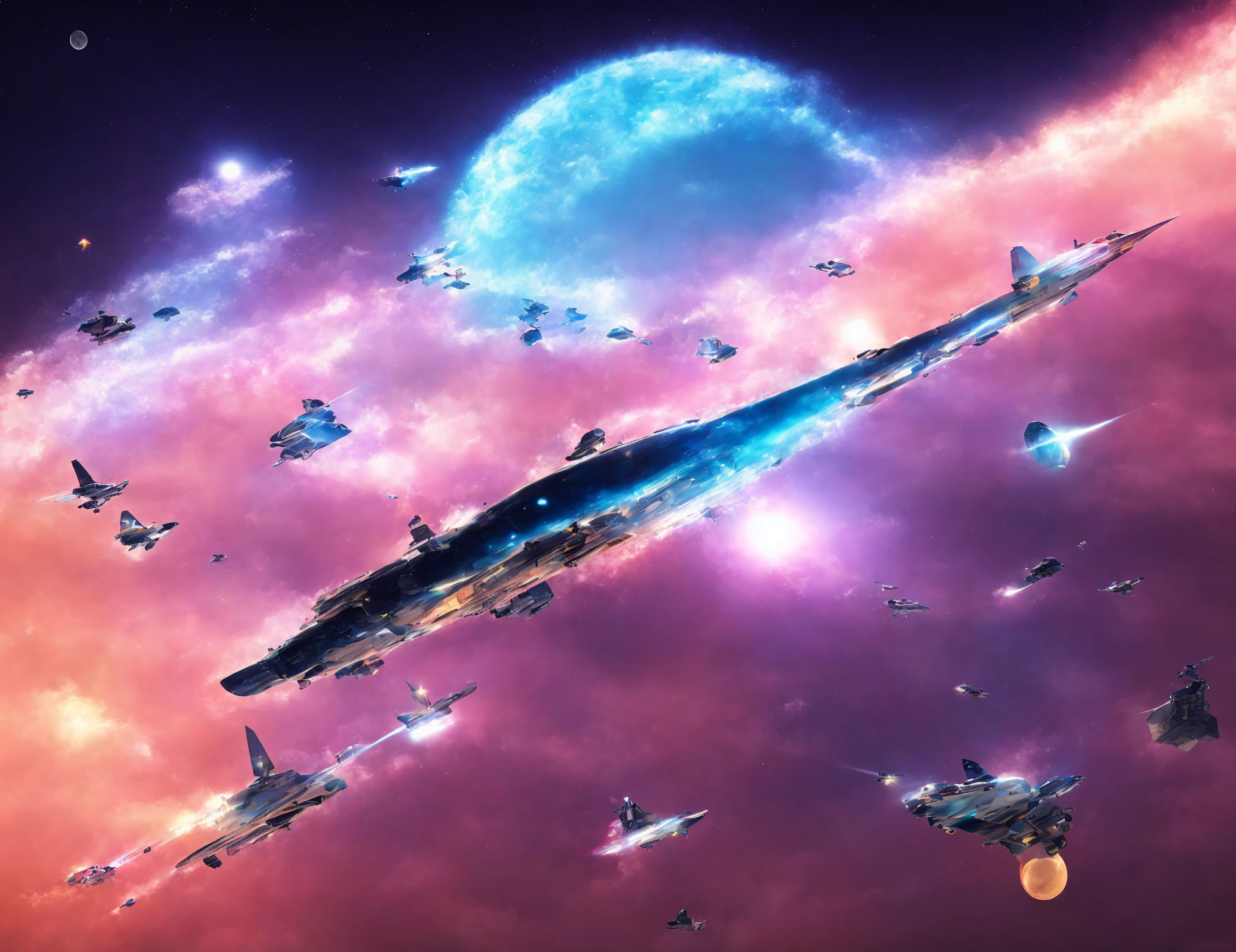 Futuristic starships in vibrant space scene with blue nebula and cosmic clouds