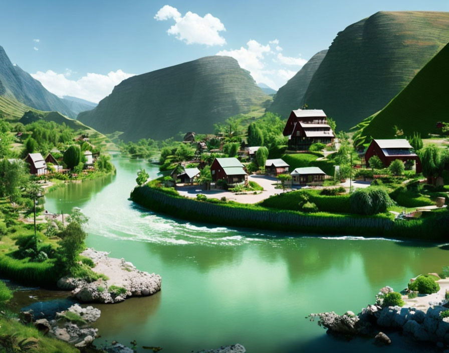 Picturesque village nestled by river, lush hills, and clear skies