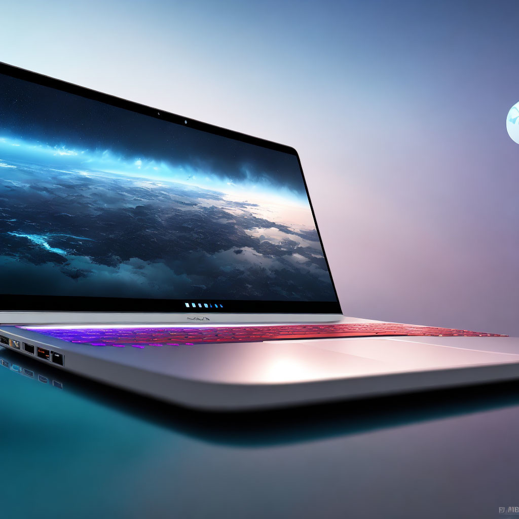 Glossy Screen Laptop with Space-themed Wallpaper and Colorful Keyboard Backlight