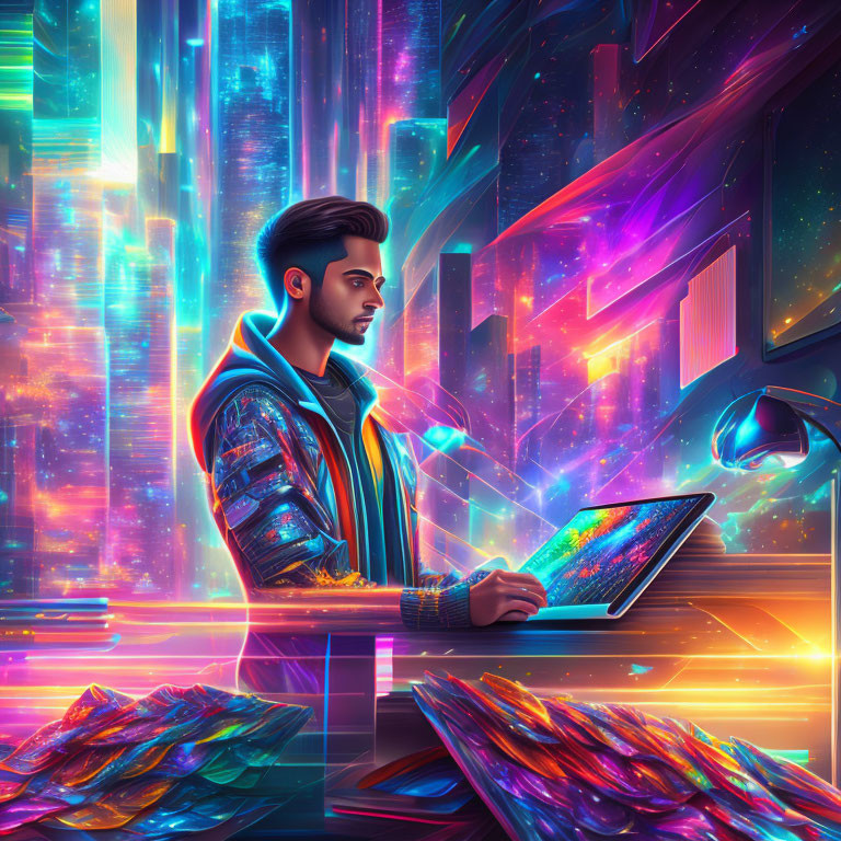 Man using futuristic tablet in neon-lit digital setting