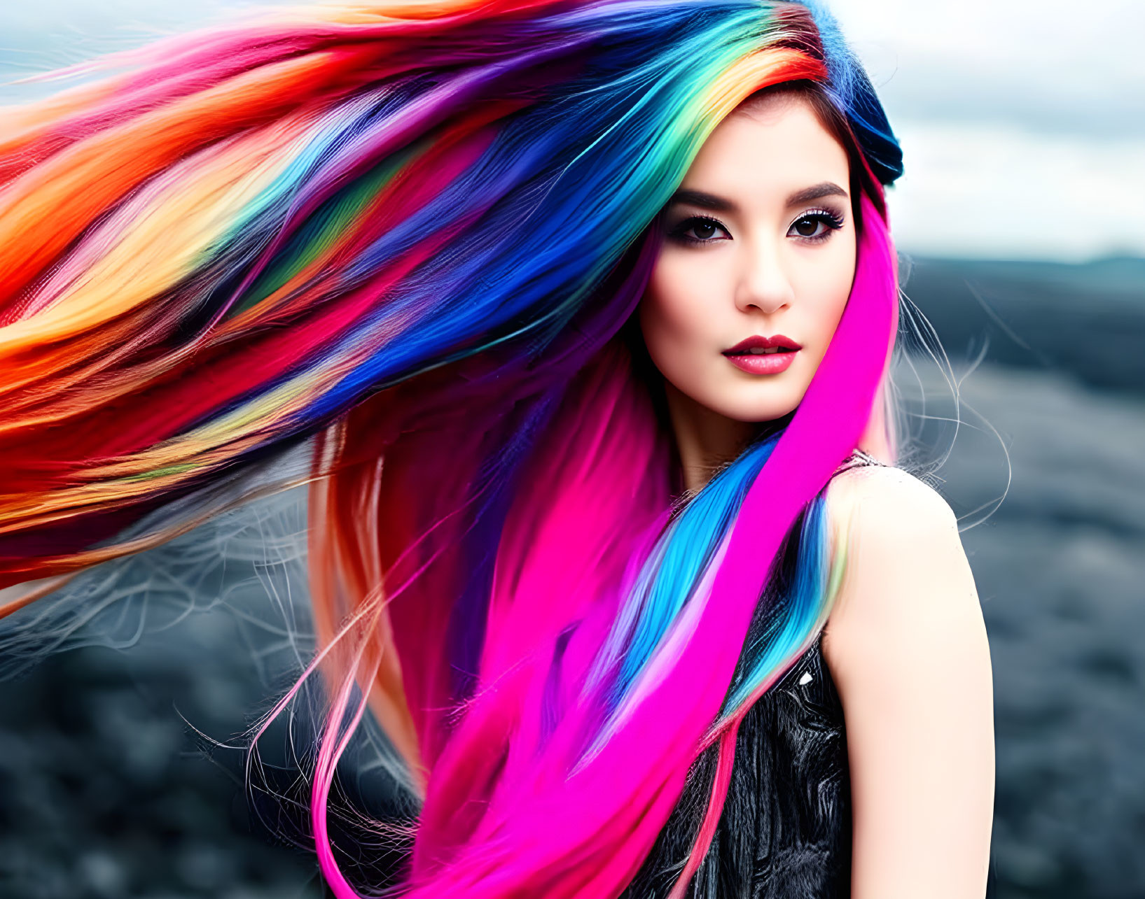 Vibrant rainbow-colored hair woman in windy rocky landscape