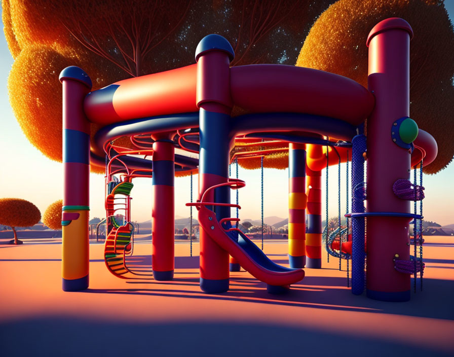 Vibrant playground with slides and tunnels under twilight sky